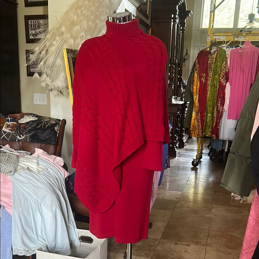 Vintage Y2K Kim Rogers Sz S Red knit Sweater Dress & Poncho Set GVC